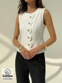 Aloruh Women's Cotton Casual Daily White Star Metal Decor Blazer Jacket, Spring/Summer - White - View 6