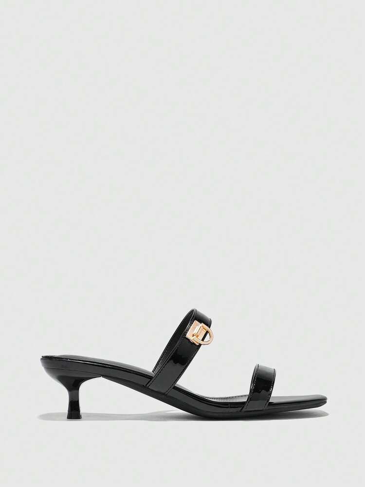 CUCCOO BIZCHIC Women Shoes Spring And Summer New Black Striped Toe Metal Buckle Women's Middle Heel Sandals Slippers Simple, Stylish And Comfortable Daily Versatile Commuter Women's Sandals Women's Shoes