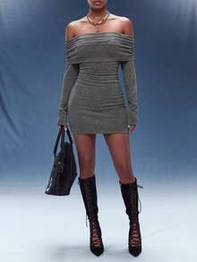 Normani Đầm mini trễ vai dệt kim co giãn, phong cách đường phố Y2K dành cho nữ mùa Thu/Đông, thích hợp mặc hàng ngày. - Xám - Xem 7