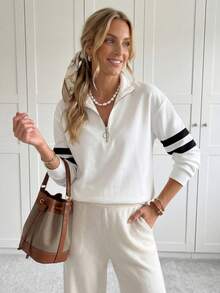 EMERY ROSE 女士前拉链圆领卫衣 女士长袖上衣 四分之一拉链女士条纹袖上衣 女士休闲上衣 排球少年长袖拉链上衣 黑白曲线抓绒，秋季，休闲 - 白色 - 查看 1