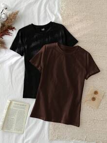 Tseoso 2pcs/Set Casual Minimalist Basic Round Neck Short Sleeve Undershirt, Black & Dark Brown, Spring/Summer - Multicolor - View 8