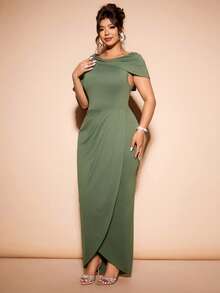 Cravure Vestido mini ajustado de manga corta asimétrico de hombro para mujer de talla grande, elegante y de punto, color verde del ejército - Verde militar - Ver 5