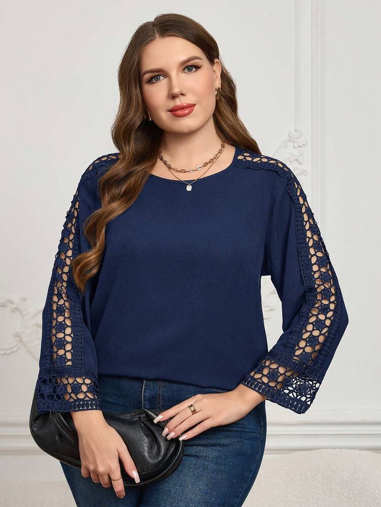Plus Size Solid Color Hollow Casual Versatile Long Sleeve Shirt For Daily Wear