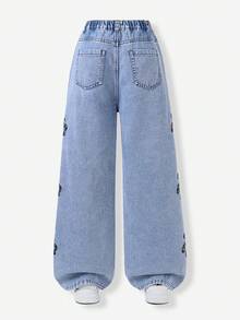 Genkimix Kids Teen Girls Blue Summer Cute Jeans,High-Waisted Wide Leg Baggy Denim Pants With Cherry Embroidery,Y2K Casual Holiday Back-To-School Retro Street Style - Light Wash - View 2