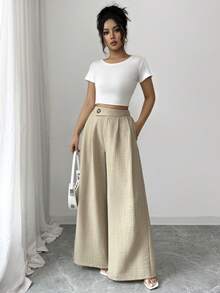 Elenzga 优雅新款都市时尚女式高腰A字超阔腿杏色纹理裤，适合日常穿着、婚礼、晚宴、通勤、毕业派对、节日、约会、聚会、万圣节、圣诞节、新年、感恩节、婚礼套装等场合。 - 杏色 - 查看 7