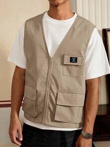 SWAVVY 男士休闲百搭拉链口袋背心，适合日常穿着 - 駝色 - 查看 6