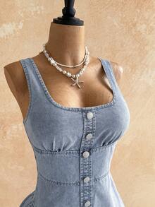 Soleia Women's Square Neck Button Design Ruffle Hem Sleeveless Denim Dress - Blue - View 5