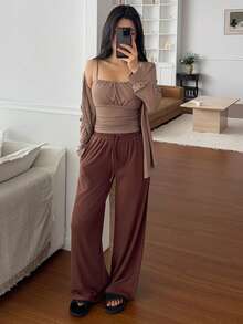 DAZY 3pcs Set Minimalist Knit Cardigan, Pleated Camisole, Loose Pants Women Pajama Set - Coffee Brown - View 4