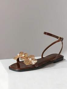 Solezae Sandal đế bằng quai ngang mắt cá chân họa tiết hoa, thời trang và thoải mái dành cho nữ. - Màu nâu Sô-cô-la - Xem 7