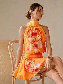 Swim Oasis New Arrival Neck-Tie Printed Jumpsuit Dress, Vacation Style Sleeveless Ruffle Hem Mini Skirt - Multicolor - View 7