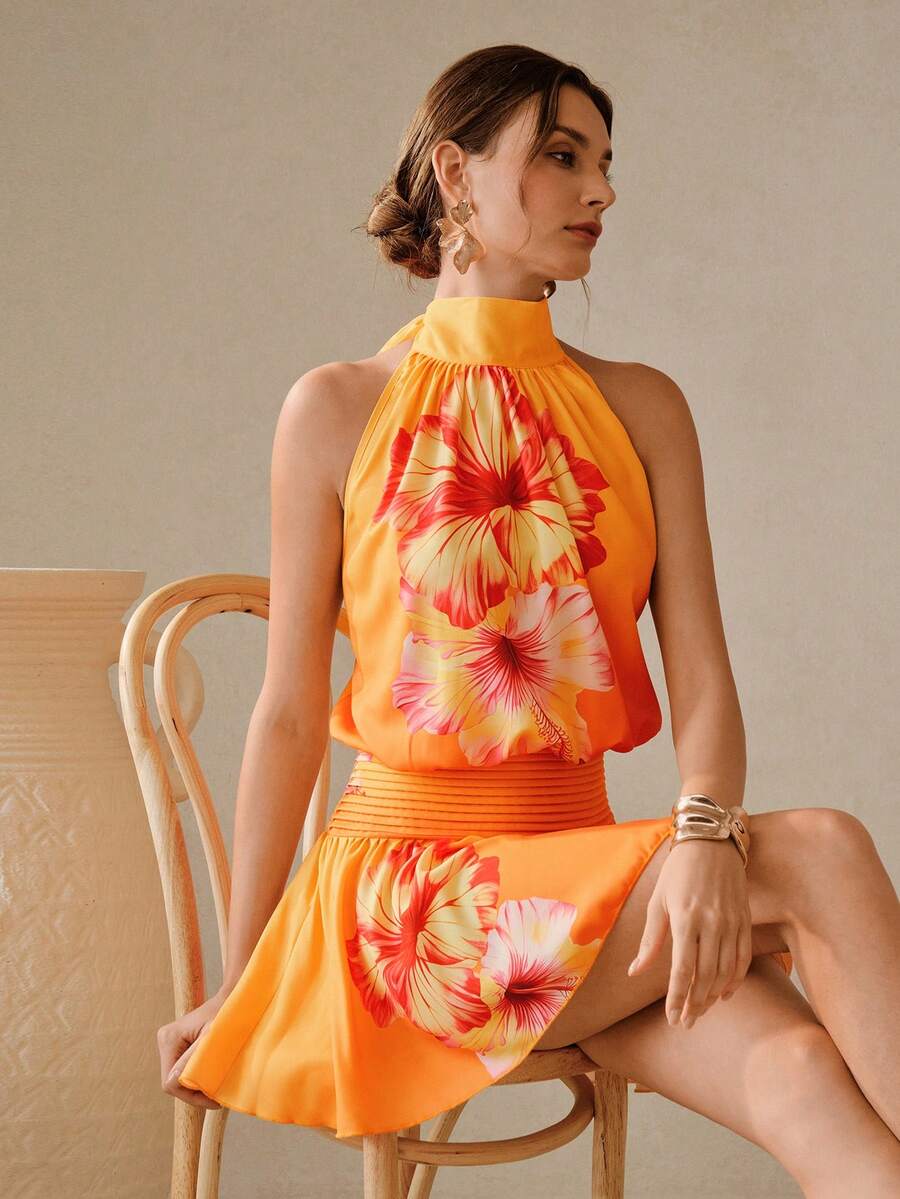 Swim Oasis New Arrival Neck-Tie Printed Jumpsuit Dress, Vacation Style Sleeveless Ruffle Hem Mini Skirt - Multicolor - View 1