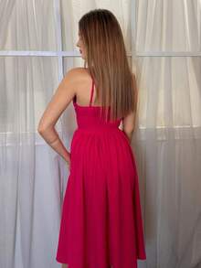 Aless PB Fashionable & Versatile Party Date Strappy Cinched Waist Flowy Dress For Women, Autumn/Winter - Hot Pink - View 5