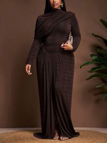 Veslaya Nouvelle robe maxi élégante à manches longues, taille cintrée, en tissu brillant marron, pour le printemps/été. Convient pour les occasions comme les rendez-vous, les fêtes, les galas, la Saint-Patrick, le style western, nomade, les anniversaires, les remises de diplômes, les étudiants, le quotidien, les vacances, la croisière, la plage, le bronzage, le streetwear, les invités de mariage, les déplacements, les brunchs, l'aéroport, le style Y2K, le vintage. Grandes tailles. - Tabac - Voir 8