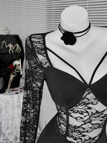 Coolane Damen Vintage Goth Y2K Rave Outfit Renaissance Fair Club Outfits Party Rave Outfit Festival Kontrast Spitze Ausschnitt Langarm Minikleid, Ganzjährig tragbar - Schwarz - Übersicht 4