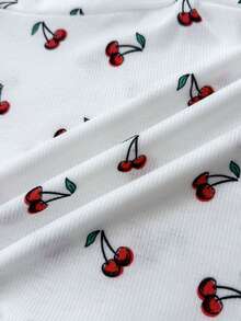 SHEIN Camiseta ajustada de manga corta con estampado de cerezas, contraste de encaje y plisado en el busto para adolescentes, ideal para el verano, vacaciones y uso diario - Rojo y blanco - Ver 5