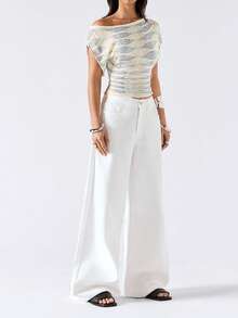 LYSMO 2026新款极简主义春夏女式休闲浅黄灰不对称领撞色针织上衣，春夏外出度假海滩风上衣 - 鵝黃色 - 查看 5