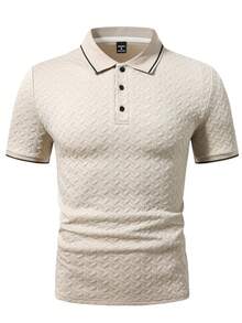 EGENSIO Men's Textured Apricot Solid Ribbed Collar Polo Shirt - Apricot - View 3