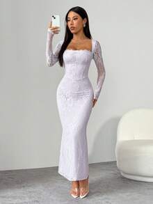 SHEIN PETITE Đầm maxi đen ôm sát cơ thể, dài tay, dáng chữ S, chất liệu ren, có gọng nâng ngực, cổ vuông, ôm sát, dành cho nữ, thích hợp cho các buổi tiệc mùa hè, hẹn hò. - Màu tím hoa cà - Xem 6