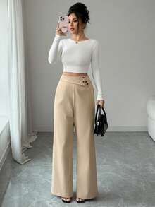 Elenzga 新款斜扣直筒裤，修身垂坠宽松休闲办公女裤 - 卡其色 - 查看 3