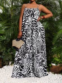 Slaydiva Plus Size Women's Abstract Floral Plant Zebra Print Sleeveless A-Line Maxi Dress Summer Boho Nomadic Style Loose Holiday Beach Vacation Wear White - Black and White - View 6
