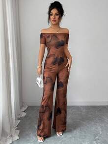 Rafferiza Women's Elegant Niche Coffee Brown Tie Dye Print Elastic Off-Shoulder Cinched Waist Bodycon Short Sleeve Jumpsuit - Coffee Brown - View 3