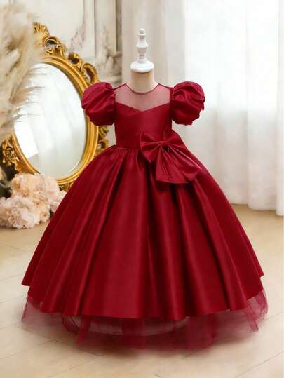 Elladie kids Young Girls Red Pleated Satin Big Bow Tulle Puffy Princess Dress, Luxurious Elegant Wedding Flower Girl Violin Recital Birthday Party Gown