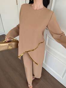 DAZY Women's Elegant Sequin Patchwork Asymmetric Hem Pullover Sweater And Wide Leg Pants 2 Pieces Set, Spring/Summer - Brown - View 3