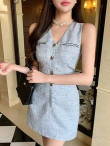 DAZY 女士V领金属纽扣无袖迷你连衣裙 夏季 - 藍色 - 查看 2