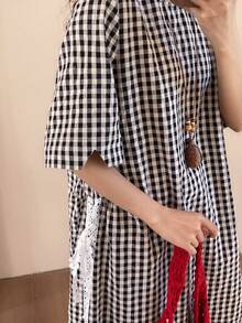 FRIFUL Women's Plaid Black & White Patchwork Sheer Lace Trim Pleated Loose Casual Dress - Black and White - View 5