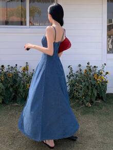 DAZY Đầm denim dài không tay, thắt eo, thanh lịch dành cho nữ, thích hợp cho kỳ nghỉ. - Rửa trung bình - Xem 5