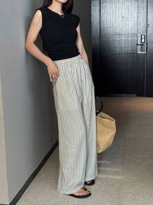 DAZY 2pcs Women Set Solid Color Round Neck Short Sleeve T-Shirt And Striped Pants Summer Lounge Sets For Women Short Sets For Women - Black - View 5