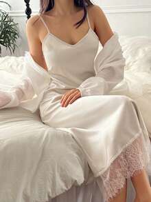 DAZY Elegant Ruffle Collar Petal Sleeve Top & Satin Lace Patchwork Camisole Nightgown Women Sleepwear Set - Green - View 4