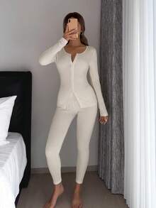 DAZY Minimalist Comfortable Knit Fitted Women Pajama Set - Apricot - View 6