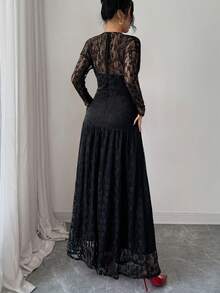 Elenzga Women's Autumn/Winter Lace Ruched Bodycon Dress, Versatile For Outings, Date Nights, Theme Parties, Celebrations - Black - View 2