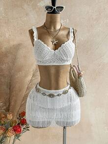 Soleia 女士镂空罗纹针织上衣和流苏针织迷你裙套装 - 白色 - 查看 1