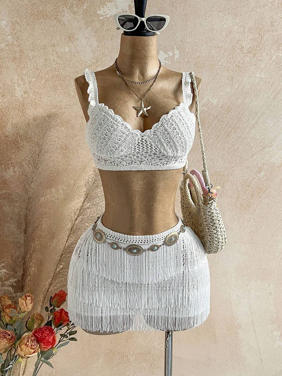 Soleia 女士镂空罗纹针织上衣和流苏针织迷你裙套装 - 白色 - 查看 1