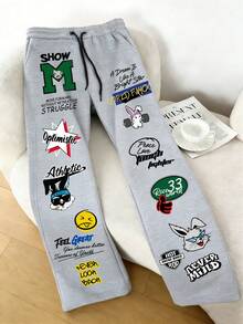 Chillumni Quần nỉ ống rộng màu xám in họa tiết kết hợp khẩu hiệu truyền cảm hứng, hình thỏ hoạt hình và chữ cái. - Nhiều màu - Xem 2
