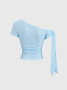 Sweetra Women's Summer Blue Embroidered Asymmetric Neck Tie Strap Fitted T-Shirt - Blue - View 2