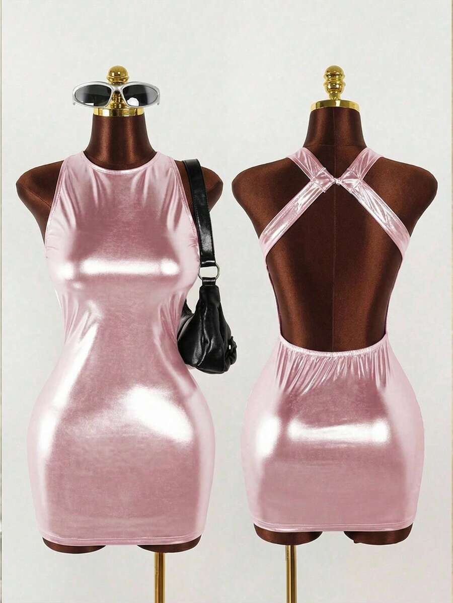 Mistrie 女士纯色仿皮镂空露背圆领无袖修身迷你连衣裙 PU 皮革女装 - 粉色 - 查看 1