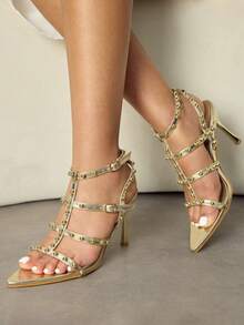 CUCCOO SZL Zapatos de mujer de tacón alto con puntera transparente de cristal, joya, dorados, para fiesta, trabajo y uso diario, sandalias de mujer con tacón alto y sin talón - Dorado - Ver 10