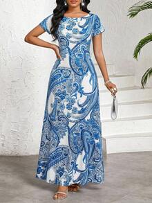 SHEIN Lady 女士印花优雅长连衣裙，圆领短袖，度假风夏季 - 藍白色 - 查看 6