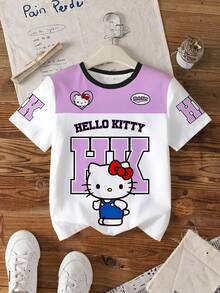 HELLO KITTY AND FRIENDS | SHEIN 少女卡通印花圆领短袖休闲T恤 - 白色 - 查看 7