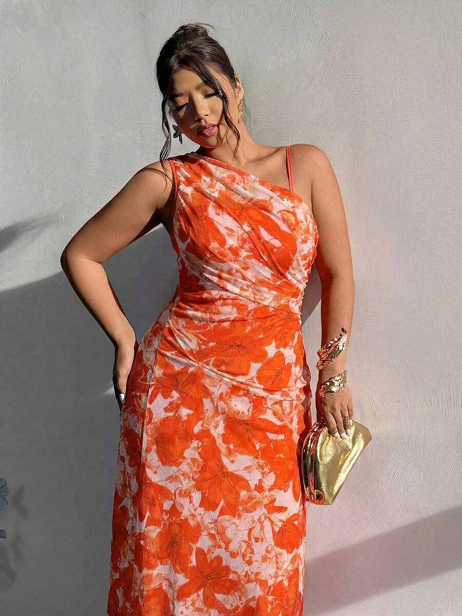 Firerie Đầm nữ cỡ lớn thanh lịch, tối giản, thời trang cơ bản, phù hợp cho công sở, đi làm, lễ hội âm nhạc, kỳ nghỉ biển, đầm ôm sát không tay cổ lệch xếp ly xuyên thấu. - trái cam - Xem 1