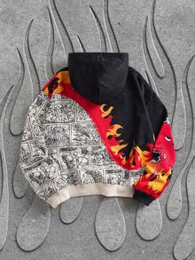SHEIN HOT STUFF Men's 1pc Flame & Cartoon Graphic Pullover Drawstring Hoodie - Black and White - View 2