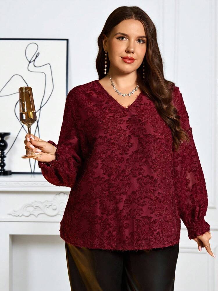 Plus Size Women's Fall Elegant Casual Christmas Party Solid Color Burgundy V-Neck Long Sleeve Blouse Top, Autumn/Winter, Burgundy Blouse Top,Wine Red Top,Elegant Blouse For Women,Maroon Top,Fall, Plus Size Long Sleeve Top,Plus Size Red Tops,Winter, Christmas,New Year,Suitable For Multiple Occasions,Date Night, Night Party,Elegant Party,Going Out,2025 New,Simple And Fashionable For Everyday Wear
