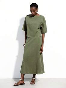 Aveloria Modichic Women's Two-Piece Set Faux Linen Textured Fabric Army Green,Summer,Casual,Occasion H-Line Straight Fit Loose Crop Top Boat Neck Retro Vacation Outfits - Green - View 4