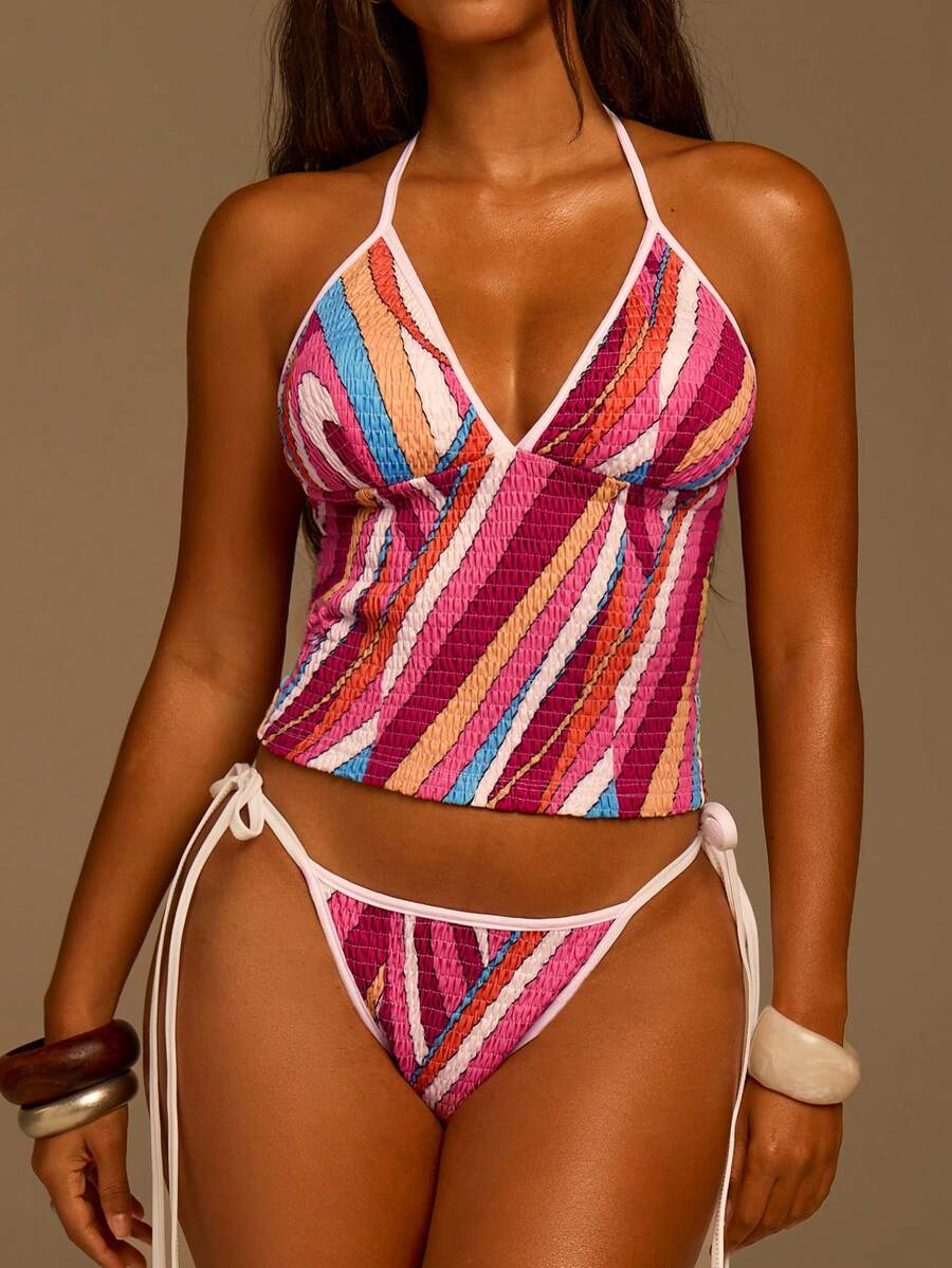 Athîral Women's Patchwork Halter Tie Tankini Top And Triangle Bottoms Swimwear Set - Multicolor - View 1