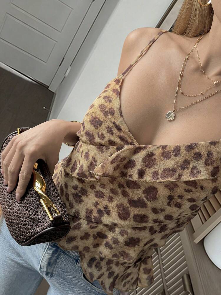 Animal Print V-Neck Ruffle Hem Fitted Camisole Top, Suitable For Spring & Summer