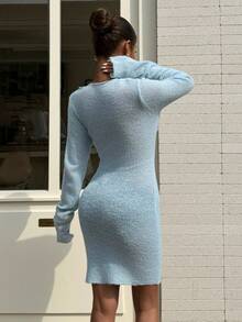 Lumivelle 2026春夏新款女士时尚度假性感V领纽扣蕾丝边针织连衣裙 - 淺藍色 - 查看 2