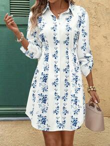SHEIN Clasi 女士优雅蓝白碎花印花翻领纽扣装饰A字收腰可调节袖长迷你连衣裙，适合夏季度假、通勤、约会和居家穿着。女士衬衫裙，蓝白碎花连衣裙，法式连衣裙，长袖夏季连衣裙，蓝白连衣裙，女士衬衫裙，度假连衣裙，优雅衬衫裙，女士休闲连衣裙，女士夏季连衣裙，衬衫裙，度假装，女士度假连衣裙，女士衬衫裙，女士休闲连衣裙 - 彩色 - 查看 8